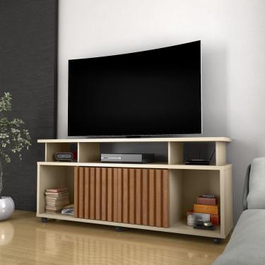 Imagem de Rack Bancada Sala Com Pés De Rodinha E 2 Portas Ripada Dallas 160x72cm Off White-ipê