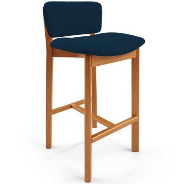 Imagem de Banqueta Alta Dara L02 Tecido Estrutura Madeira Encosto Fixo Azul para Cozinha Sala e Bar