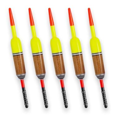 Imagem de Dr.Fish Pacote com 5 boias de mola balsa ponderadas boias de madeira para pesca de primavera boias de pesca para peixe-gato tipo peixe-gato truta Walleye Bluegill Panfish cilindro 6 cm