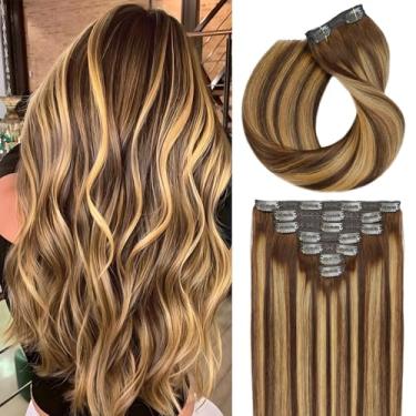 Imagem de FAAAL Extensões De Cabelo Humano Com Clipe, 18" Espessura, 120G, 7 Peças, Balayage, Castanho Chocolate A Loiro Caramelo, Extensão Sem Costura Para Mulheres