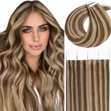 Imagem de Lacer Aplique De Cabelo Humano Highlights, Fita Para Extensões Natural, Castanho Chocolate A Dourado Claro, Dupla Face, Sedoso, Liso, Sem Costura, Trama 100% Ins, 50G, 20 Unidades, 18"