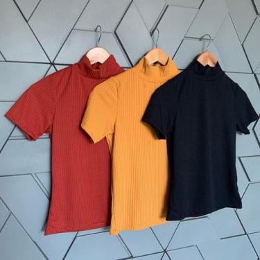 Imagem de blusa feminina gola alta malha canelada manga curta basica fashion - F