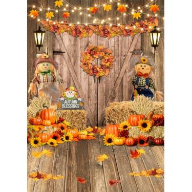Imagem de DULUDA Pano de fundo para fotos de outono 12 x 17 cm, folha de ácer, pilha de feno, espantalho, abóbora, porta de celeiro, pano de fundo de ação de graças para outono, festa de chá de bebê, banner