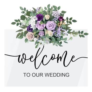Imagem de Roahosy Ganhos florais artificiais, rosa roxa para casamento, placa de boas-vindas, arranjos florais para decoração de entrada de recepção de festa de casamento