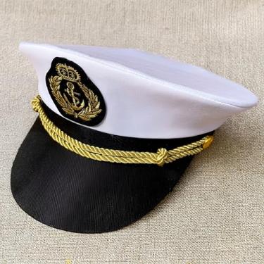 Imagem de Quepe Marinheiro Temático para Fantasia, Branco e Preto, 12cm x 23cm, com Emblema Dourado