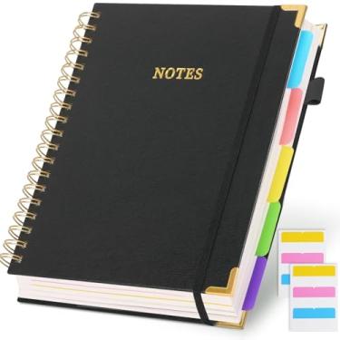 Imagem de Caderno espiral de capa dura com abas divisórias, caderno de couro de 300 páginas, caderno de 5 assuntos, diário grande B5 de 20,3 x 25,4 cm para anotações escolares, diário para mulheres, preto