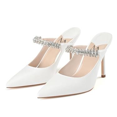Imagem de MIRAAZZURRA Mules de salto para mulheres, bico fino, bico fechado, salto alto, sem cadarço, para mulheres, vestido de casamento, festa, Branco, 40