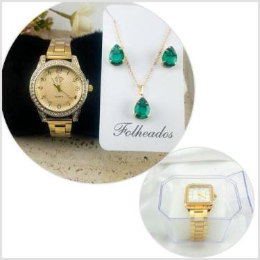 Imagem de Relogio feminino a prova dágua DHP kit de colar e brinco folheado - No
