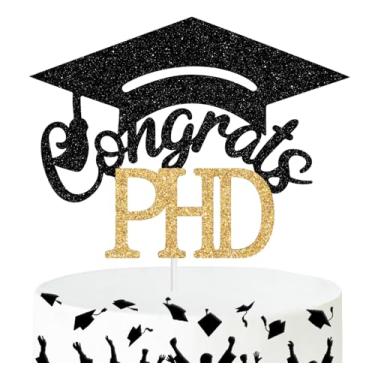 Imagem de Congrats PHD Topo de bolo, decoração de bolo feliz formatura, classe de 2026 PhD graduação festa decorações suprimentos, ouro e glitter preto