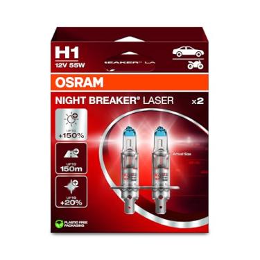 Imagem de OSRAM Night Breaker Laser H1, +150% mais brilho, lâmpada de farol de halogêneo, 64150NL-2HB, carro de 12 V, caixa suspensa (2 lâmpadas), branco