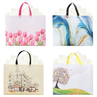 Imagem de Pacote com 4 sacos de presente de 32 cm tamanho médio – Inclui papel de seda e cartões, sacos de presente reutilizáveis não tecidos ou de papelão com alças para aniversário, festa, chá de bebê