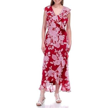 Imagem de London Times Vestido longo feminino de chiffon com babados e babados para convidadas de casamento, Vermelho/branco macio, 52