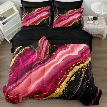Imagem de Conjunto de edredom de mármore roxo vermelho preto em uma bolsa, dourado, metálico, colorido, estilo arte retrô, estilo coleções, cama queen, leve, 8 peças
