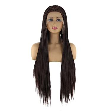 Imagem de BTWTRY Peruca entrelaçada frontal entrelaçada sintética marrom escuro fibra resistente ao calor #6 cores trançadas para mulheres negras, cabelo afro-americano, caixa de cabelo trançada, peruca (61 cm, cor #6)