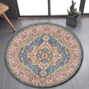 Imagem de ESSMOKO Tapetes tapete redondo de imitação de caxemira marroquino, tapete de estar e quarto para casa, de fácil cuidado, azul rosa, 60 cm