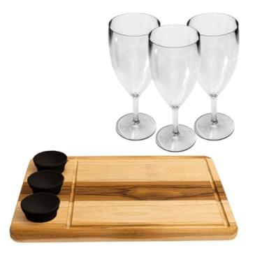 Imagem de Conjunto Kit Wooden Glow Tábua Retangular Corte Churrasco Frios Madeira Acompanha Ramequim Com 3 Taças de Vinho Ou 3 Copos Whisky (3, Preto - Taça)