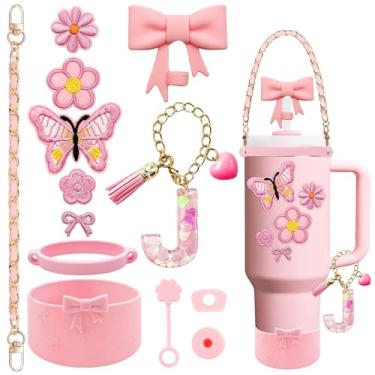 Imagem de XIANGYUAN Conjunto de acessórios de copo rosa de 14 peças para copo Stanley Cup de 850 g 1,134 g com alça, inclui alça, decoração de arco de palha, capa de palha, bota, tampas à prova de derramamento