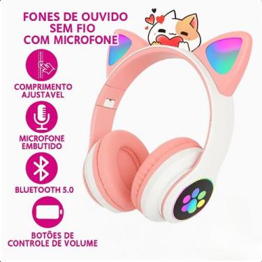 Imagem de Fone Infantil Rosa Bluetooth LED com Som Claro e Luz LED Colorida Ajus