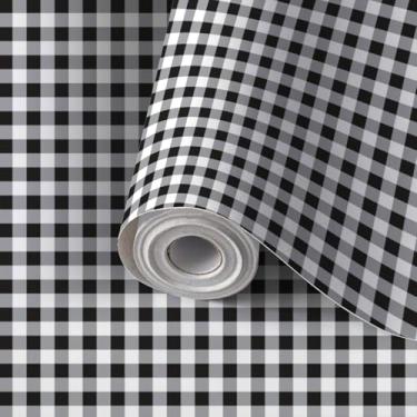 Imagem de Papel de parede autoadesivo de parede mural de parede liso preto branco cinza BW Gingham Scott xadrez xadrez búfalo papel de contato papel de parede amigável para cozinha berçário quarto 45 x 299 cm