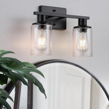 Imagem de Litaddscen Luminária de banheiro preta fosca sobre o espelho, luminária de banheiro de 2 luzes com sombra de vidro transparente, arandelas de parede de fazenda moderna para espelho cozinha armário de