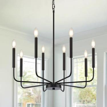 Imagem de ONESMING Lustre preto moderno para sala de jantar, luminária de cozinha de metal com 8 luzes, luminária pendente pendurada em vela de fazenda para sala de estar, entrada e quarto (lâmpadas não