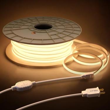 Imagem de Samsion Luzes LED de corda de 120 V ao ar livre à prova d'água 150 pés 3000 K flexível COB luzes de fita de LED Plug in 288Leds/M branco quente de alta densidade sem pontos luzes LED para pátio jardim