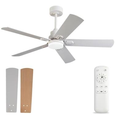 Imagem de BOOMJOY Ventilador de teto, branco moderno de 130 cm com luz LED, interno/externo, motor CC reversível silencioso, 5 lâminas, controle remoto, adequado para sala de estar, pátio, quarto