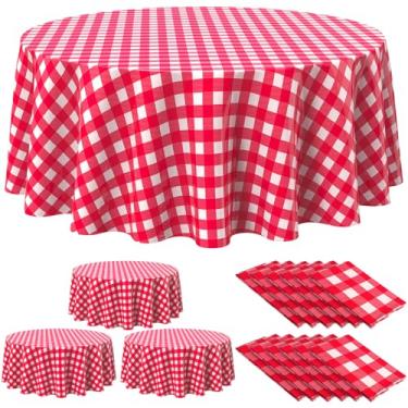 Imagem de Remagr Toalha de mesa xadrez descartável redonda de plástico xadrez buffalo, 213 cm, capa de mesa guingão para piquenique, acampamento, churrasco, festa de formatura (vermelho, branco, 12 peças)