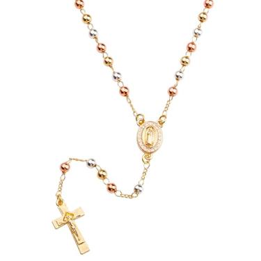Imagem de HELLOWIN Colar feminino com crucifixo banhado a ouro rosa com contas de rosário Y, Regular Size, Latão, Sem Pedra Preciosa