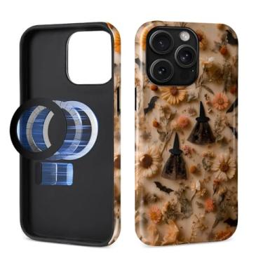 Imagem de MQJCYB Capa magnética para iPhone 15 Pro, compatível com MagSafe Hybrid Heavy Duty 2 em 1 Capa robusta à prova de choque brilhante capa brilhante Halloween Witches Bordado