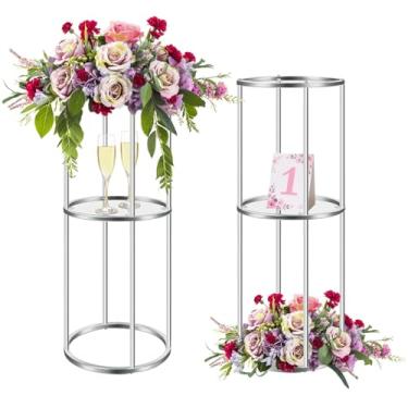 Imagem de kolnlala Conjunto de suportes de flores com pedestal de cilindro de metal de 2 camadas, expositor de prateleira de acrílico de metal alto para centros de mesa de casamento, expositores de vasos