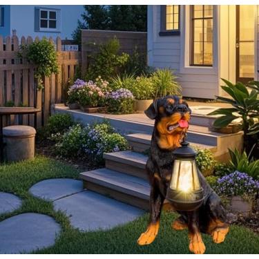 Imagem de A lâmpada suspensa alimentada por energia solar de artesanato de resina na forma de um filhote de cachorro simulado do pátio é adequada para lugares como pátios, jardins e varandas (cão afastado)