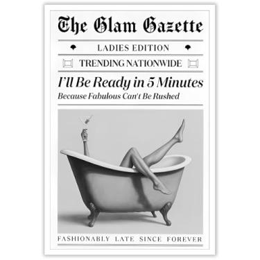 Imagem de Revista de jornal preto e branco tela arte de parede mulher bebendo vinho na banheira pôster retrô feminista sexy menina estética impressão pintura para quarto banheiro decoração de parede 30 x 40 cm