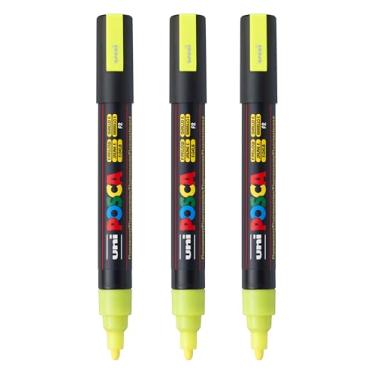 Imagem de posca Marcadores de tinta à base de água PC-5M, ponta média reversível (1,8-2,5 mm), amarelo fluorescente, 3 unidades