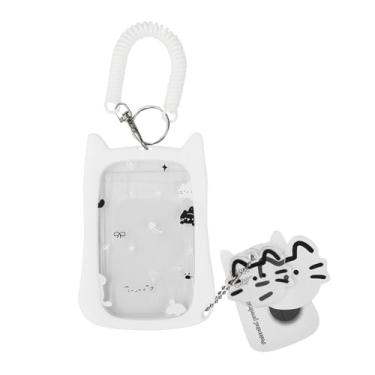 Imagem de Pacote com 2 porta-cartões fotográficos em forma de gato – chaveiro bonito transparente com porta-cartões, capa protetora com pingente para cartão de estudante de ônibus e protetor de foto