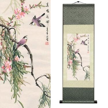 Imagem de Newscz Arte de parede estilo zen, pássaro canoro, flor, pergaminho de seda, pôsteres de pássaros florais asiáticos com flores de primavera, jardim, árvore, arte tradicional chinesa, asiática, casa