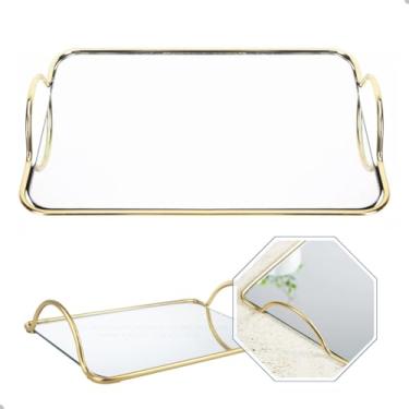 Imagem de Bandeja de Vidro Espelhado Retangular com Alça Dourada, 30 x 18 x 6 cm, Estilo Contemporâneo
