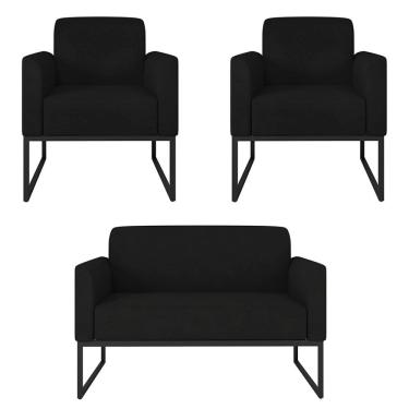 Imagem de Kit Namoradeira e 2 Poltronas Decorativas Base Industrial Preta Maressa S07 Suede Preto - Ibiza