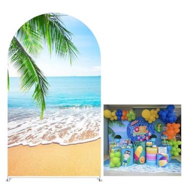 Imagem de KONPON Capa de tecido arqueado de praia tropical para decoração de chá de bebê para festa na piscina, decoração de chá de bebê (somente capa)