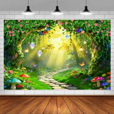 Imagem de Pano de fundo de floresta encantada de primavera, cenário de jardim do país das maravilhas de conto de fadas para sessão de fotos, flor de borboleta de cogumelo para crianças, meninas, fundo do país