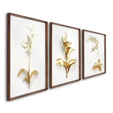 Imagem de Quadros Decorativos Floral Delicado 3 Telas 60x90cm para Sala Quarto Lavabo Marrom