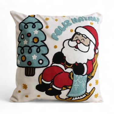 Imagem de Capa de Almofada Natalina Papai Noel Natal Bordada 43x43cm - MultiA, P