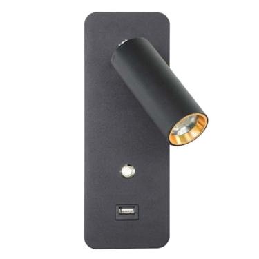 Imagem de Luminária de parede LED com interruptor Luminária de parede giratória Ajustável com conexão USB Luminária de leitura de parede Luminária de cabeceira interna de metal preto Holofote para qua