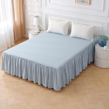 Imagem de Silnuo Saia de cama xadrez azul claro de algodão lavado vintage xadrez xadrez xadrez com babados tamanho Queen de 35,5 cm (1 saia para cama apenas, Queen 35,5 cm)
