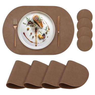 Imagem de yuuzue Jogo americano de couro sintético, conjunto de 4 com porta-copos combinando, jogo americano oval de poliuretano resistente ao calor, impermeável, limpável, lavável, jogo americano