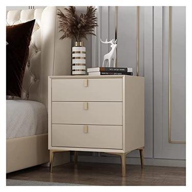 Imagem de Mesa de cabeceira lateral mesa de cabeceira de madeira, mesa de cabeceira luxuosa leve para quarto, armário de cabeceira moderno com 3 gavetas cinza, armário de três gavetas pequeno de couro elevado