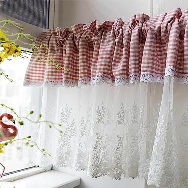 Imagem de Cortina de cozinha curta pastoral xadrez cortina curta de renda meia janela de cortina - para cozinha/cafetaria/casa de banho/porta/prateleiras de armário, cortinas de tule semi-transparentes brancas