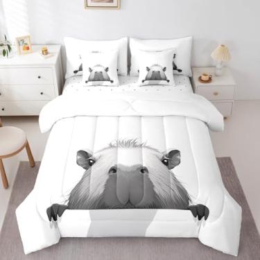 Imagem de Erosebridal Conjunto de edredom Capybara de 7 peças, conjunto de cama de casal com desenho animado de vida selvagem, desenho minimalista, arte abstrata, animais selvagens, decoração de quarto fofo