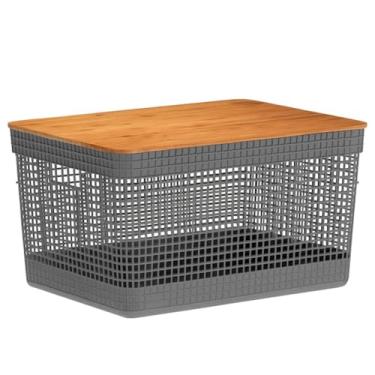 Imagem de Cesto Organizador com Tampa de Bambu, 20L, Design Moderno, Decoração P/Casa Quarto Escritório Cozinha Armário, Caixa Multiúso (Cinza)