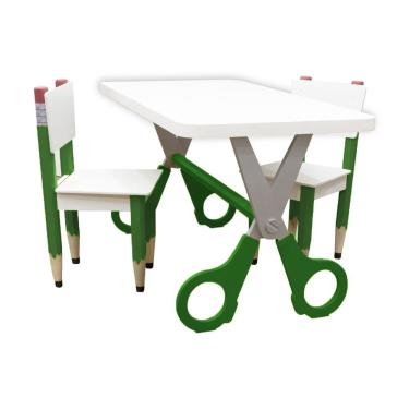Imagem de Kit 2 Cadeiras Mesa Infantil Tesoura Verde Tampo Branco Retangular Base Temática Para Estudos E Desenhos Mobília Decor